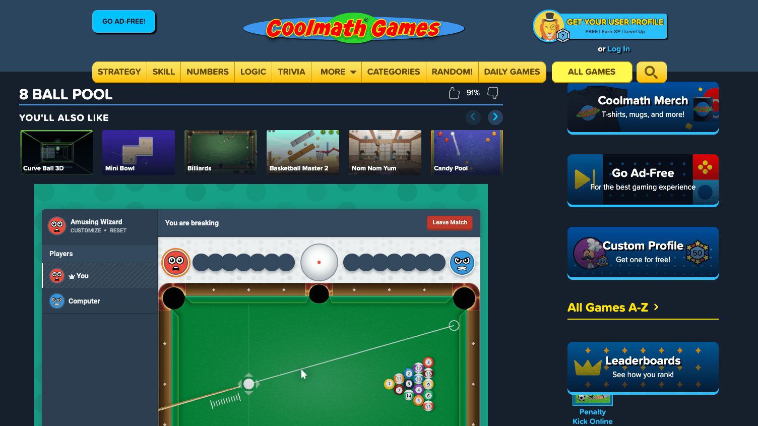 Screenshot of the 8 Ball Pool game on Coolmath Games